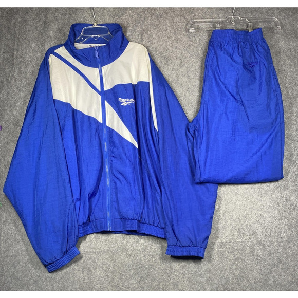 VINTAGE Reebok Track Suit Mens XL Blue White Nylon Windbreaker 2 Piece 90s - Picture 1 of 15